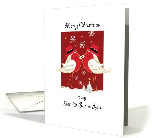 Merry Christmas, Gay, Son and Son in law. 2 Robins Kissing card