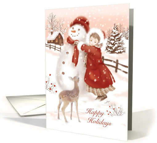Happy Holidays, Cute Deer watches Child make Snowman, Vintage card