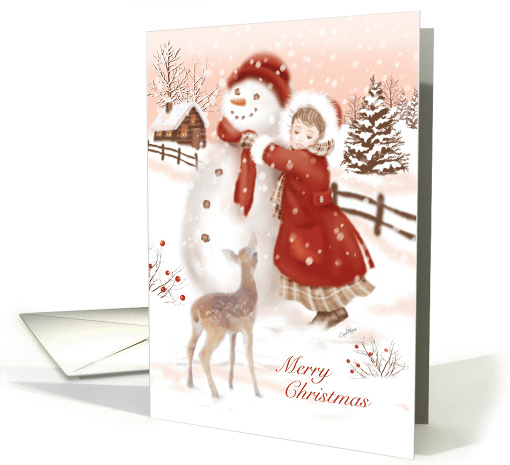 Merry Christmas, Cute Deer watches Child make Snowman, Vintage card