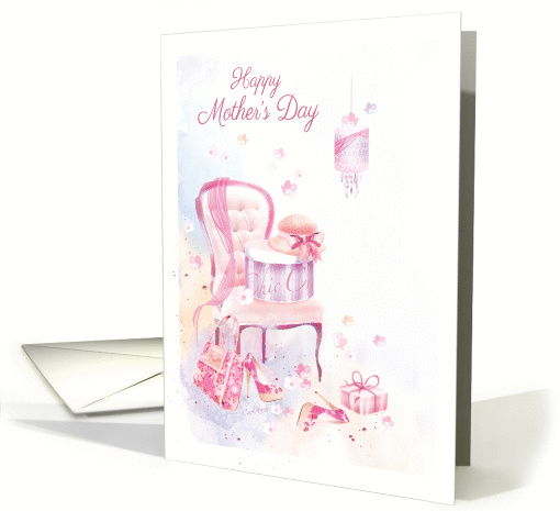 Mother's Day, Delicate Scarf, Hat and Hat Box on Chair, card (1432490)