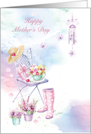 Mother’s Day, Wind Chime on Patio, Chair and Flowers card