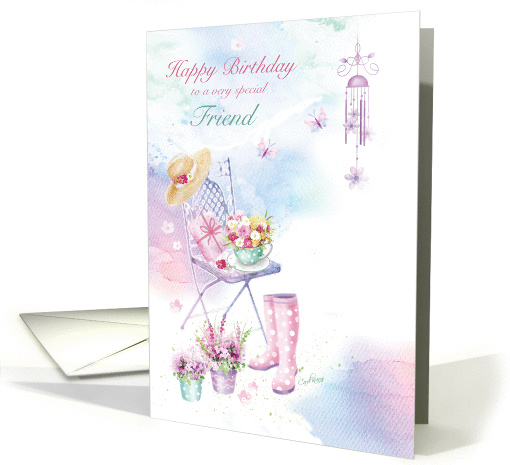 Birthday, Friend, Wind Chime on Patio, Chair and Flowers card