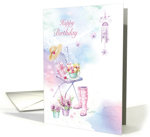 Happy Birthday, Wind Chime on Patio, Chair and Flowers card (1432512)