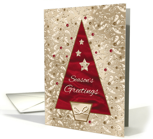 Season's Greetings, Modern, Red Christmas Tree on Gold effect card
