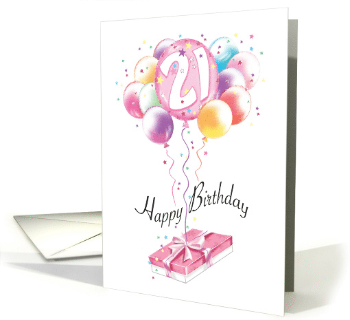 21st Birthday, Balloons, carrying Present for Her card (1448066)