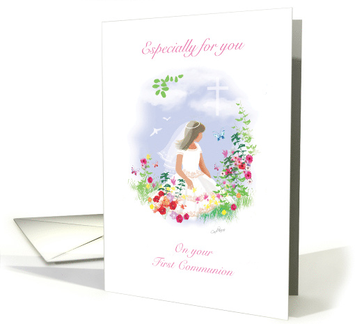 First, Communion, Congratulations, Girl sitting among Flowers card