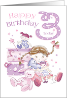 Birthday, 3 Today, Girl, Hugs, Doll, Teddy and Bunny card