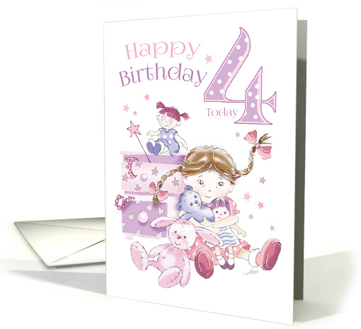 Birthday, 4 Today, Girl, Hugs, Doll, Teddy and Bunny card (1449286)