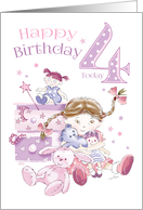 Birthday, 4 Today, Girl, Hugs, Doll, Teddy and Bunny card