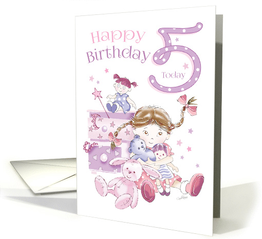 Birthday, 5 Today, Girl, Hugs, Doll, Teddy and Bunny card (1449290)