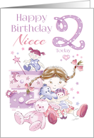 Niece, Birthday, 2 Today, Girl, Hugs, Doll, Teddy and Bunny card