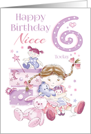 Niece, Birthday, 6 Today, Girl, Hugs, Doll, Teddy and Bunny card