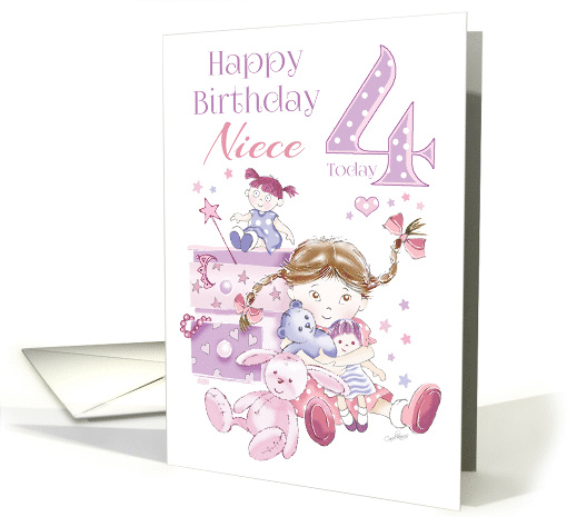 Niece, Birthday, 4 Today, Girl, Hugs, Doll, Teddy and Bunny card