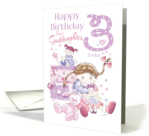Goddaughter, Birthday, 3 Today, Girl, Hugs, Doll, Teddy and Bunny card