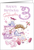 Goddaughter, Birthday, 3 Today, Girl, Hugs, Doll, Teddy and Bunny card