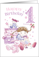 First Birthday, 1 Today, Girl, Hugs, Doll, & Teddy card