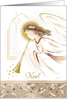 Christmas, Noel. Angel playing Bugle in Sepia & Gold effect card
