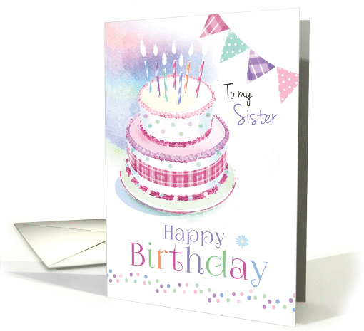 Happy Birthday, Sister, 2 Tier Cake with Candles and Buntings card