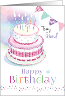 Happy Birthday, Friend, 2 Tier Cake with Candles and Buntings card