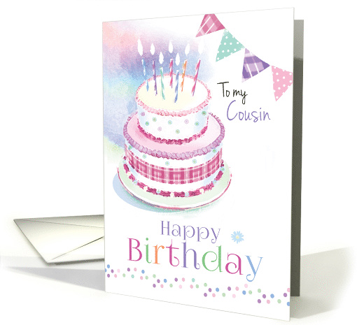 Happy Birthday, Cousin, 2 Tier Cake with Candles and Buntings card