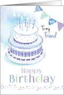 Happy Birthday, Friend, 2 Tier Blue Cake with Candles and Buntings card
