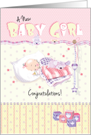 Congratulations, New Baby, Girl, and Puppy, Asleep together on Pillows card