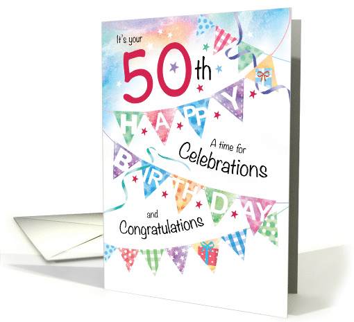 50th Birthday, Celebrations, with 4 rows of Buntings card (1451052)