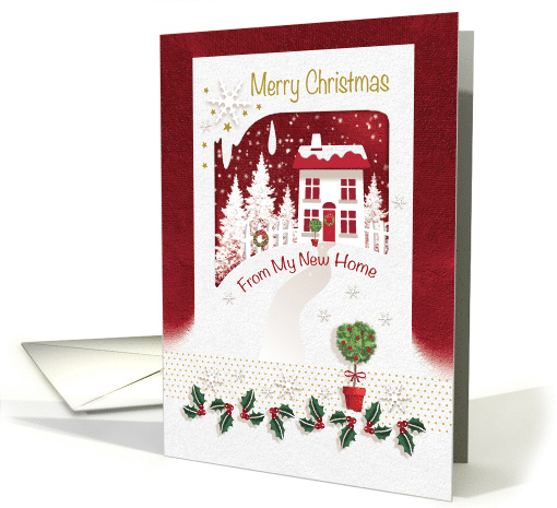 Merry Christmas, From My New Home, Red Roof House in Snow card