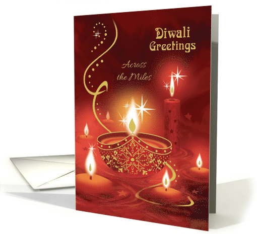 Diwali Greetings, Across the Miles, Diya with Floating Candles card
