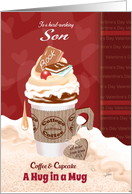 Valentine’s Day, Son, Away at College, Coffee & Cupcake, Hug, Mug card