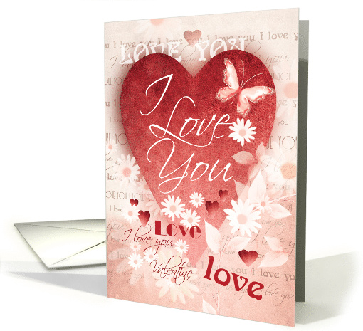 Valentine's Day, I Love You, Large Red Heart, Daisies & Butterfly card