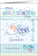 1st Father’s Day, for Grandson. Baby, Boy, and Puppy, Asleep together card