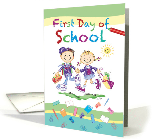 First Day of School, Boy and Girl holding hands on way to School card
