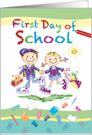 First Day of School, Boy and Girl holding hands on way to School card