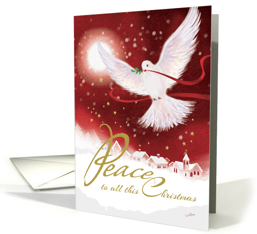Christmas, Peace, Dove flying over Village covered in Snow card