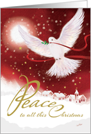 Christmas, Peace, Dove flying over Village covered in Snow card