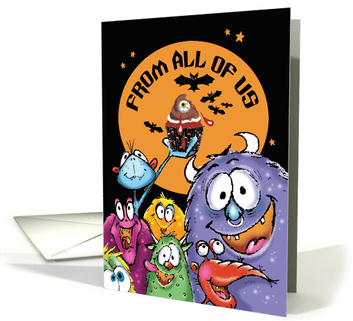 Halloween, From All of Us, Funny Monsters with Eyeball Cupcake card