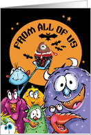 Halloween, From All of Us, Funny Monsters with Eyeball Cupcake card