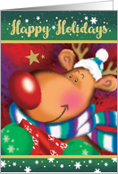 Happy Holidays card. A cute deer with a huge red nose holding a gift card
