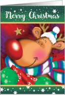 Merry Christmas. Cute Deer with Huge Red Nose holding a Gift card