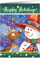 Happy Holidays, Cute, Big Eyed Deer, Smiles at Jolly Snowman card