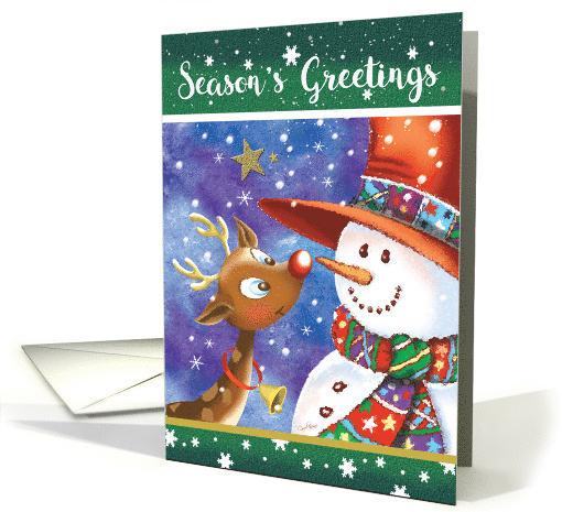 Season's Greetings, Cute, Big Eyed Deer, Smiles at Jolly Snowman card