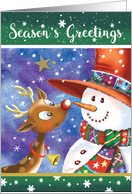 Season’s Greetings, Cute, Big Eyed Deer, Smiles at Jolly Snowman card