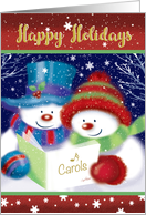 Happy Holidays, Snowman and Snow woman Carol Singing card
