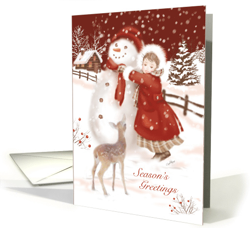 Season's Greetings. Deer watches Child make Snowman, Vintage card