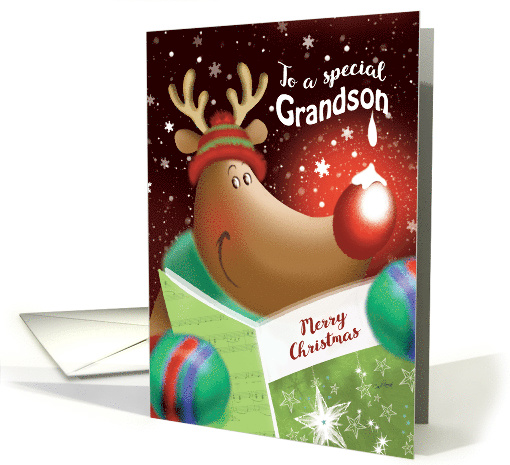 Merry Christmas, Grandson, Cute Deer with Snowdrop on Nose card