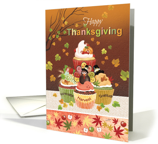 Happy Thanksgiving, Tier of Cupcakes with Harvest Toppings card