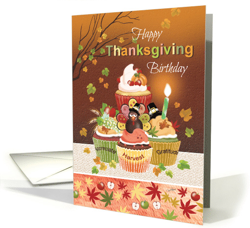 Thanksgiving, Birthday, Cupcakes with Candle and Harvest Toppings card