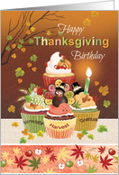 Thanksgiving, Birthday, Cupcakes with Candle and Harvest Toppings card