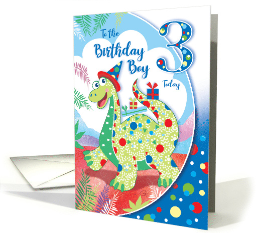 Cute Dinosaur in hat, Birthday Boy, Age three card (1581456)